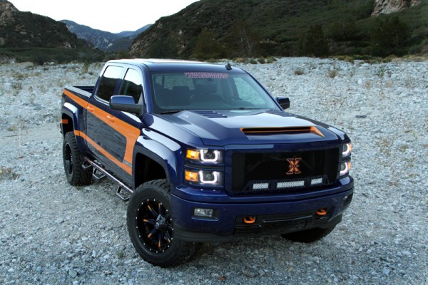 front view of a customized chevy silverado off road truck