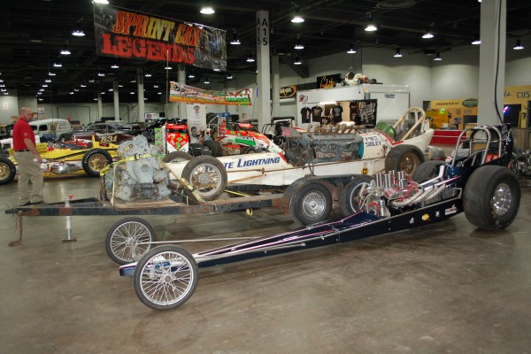 front engine slingshot nostalgia dragster on display in indoor car show