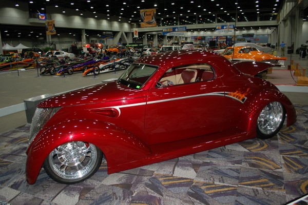 custom red hotrod coupe show car