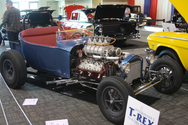 ford t bucket hotrod with supercharged flathead v8 engine