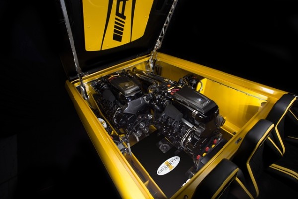 engine bay of a mercedes powered cigarette boat