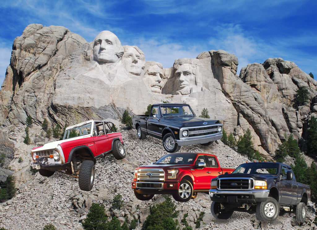 Mt Rushmore with vintage trucks