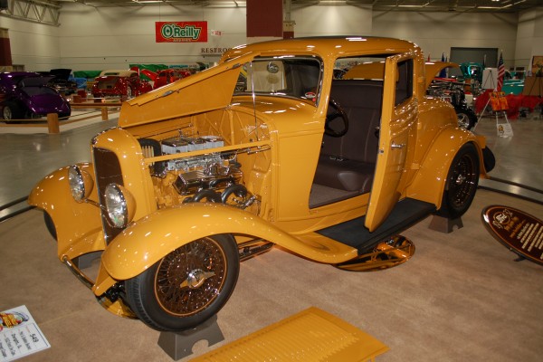 custom yellow vintage ford 3 window coupe