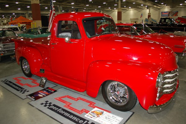 customized red vintage chevy 3100 pickup truck