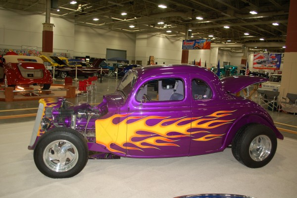 vintage purple flamed hotrod coupe