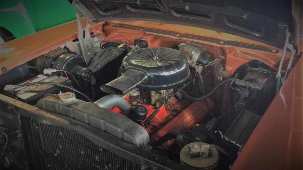 original small block Chevy v8 engine in a 1955 chevy coupe