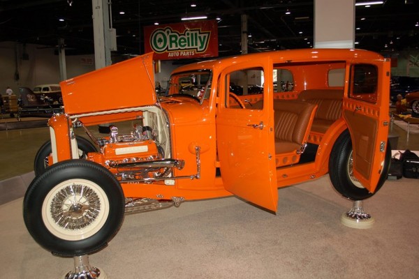 orange fordor hot rod with v8 and suicide doors