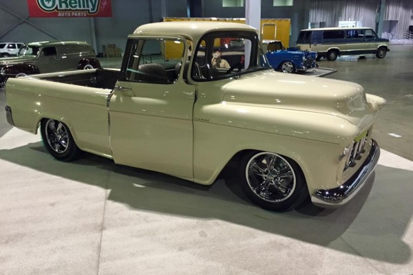white customized chevy pickup truck from the 1950s