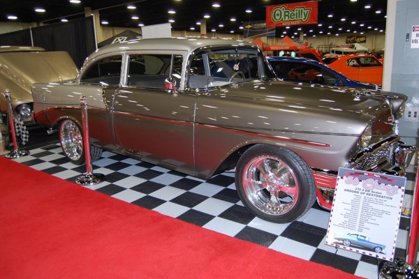 1956 chevy 210 coupe at indoor car show