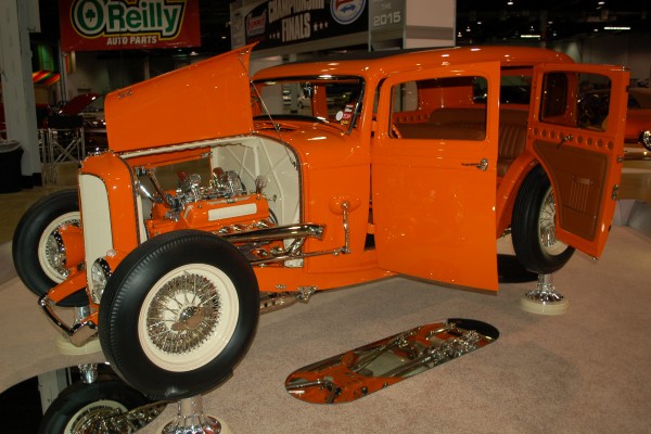 custom orange fordor hot rod with suicide doors