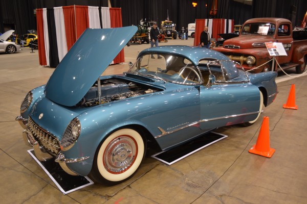 a 1954 or 1955 c1 Chevy Corvette with optional hardtop in a rare pennant blue paint color shade