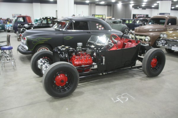 vintage flathead powered red and black t-bucket ford hot rod