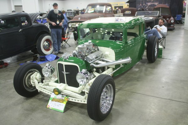 green ford sbc-powered five window hotrod coupe