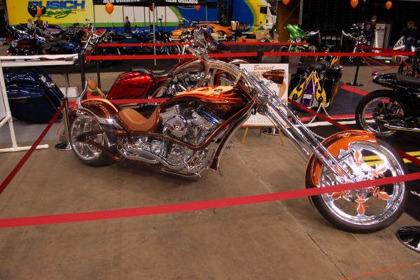 Stretched Custom Chopper motorcycle on display