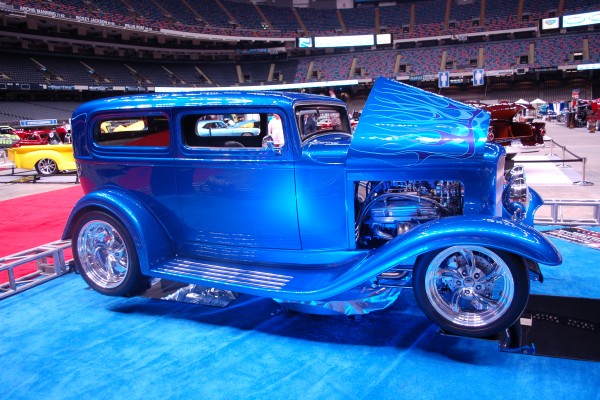 blue customized ford tudor sedan