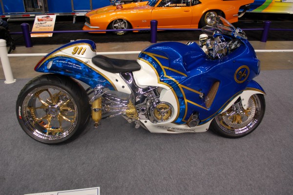 Customized sportbike at a car show