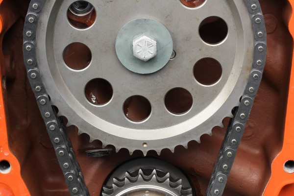 a timing chain set and gears installed on an engine