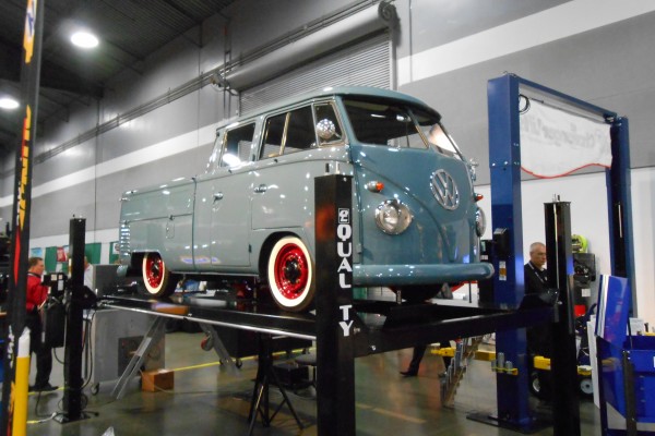 vintage Volkswagen combi transporter truck on lift