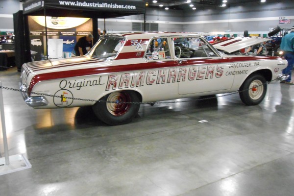 original ramcharger mopar drag car displayed at indoor car show