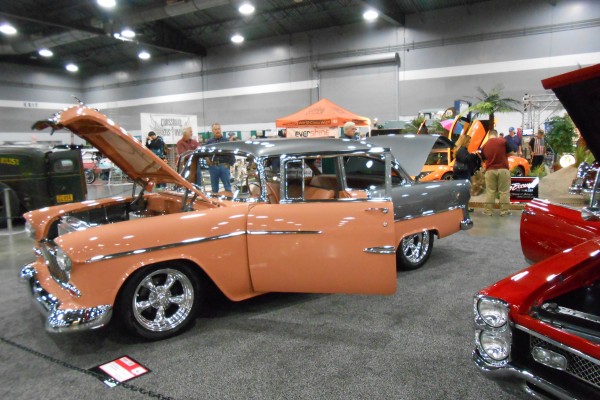 1955 Chevy displayed at indoor car show