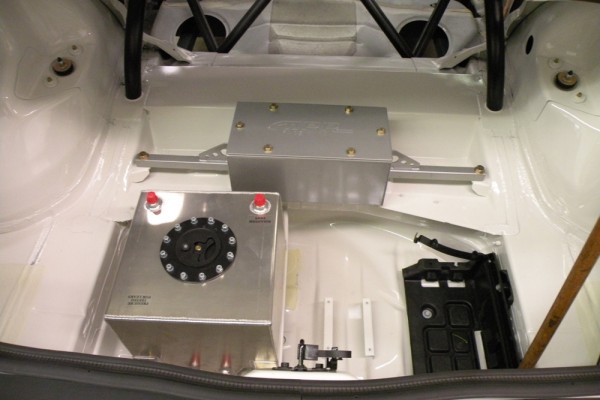 fuel cell and ballast box in a drag race car trunk