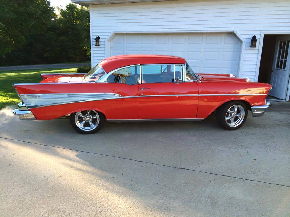 red 1967 chevy bel air coupe, side profile
