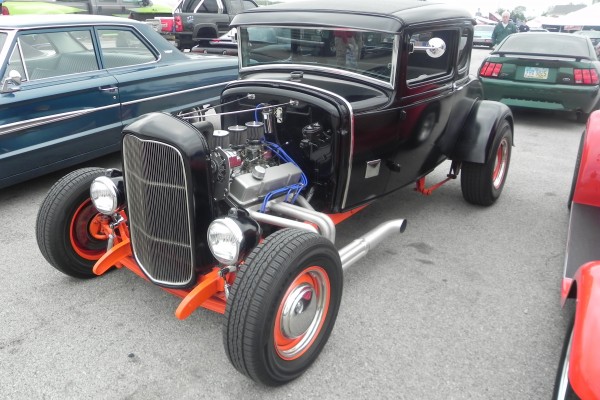 black ford five window hotrod coupe