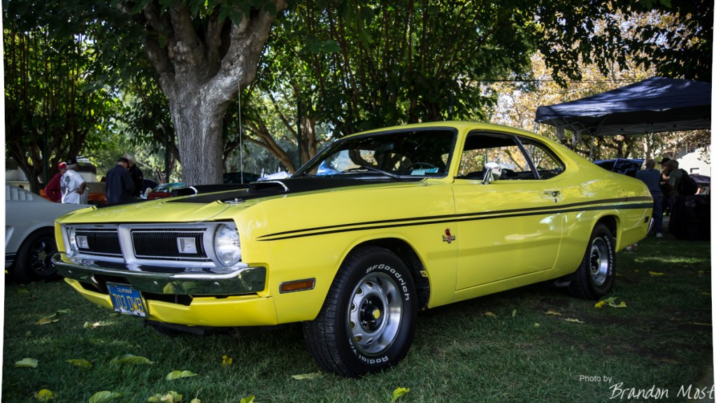 front quarter view of a yellow dodge demon