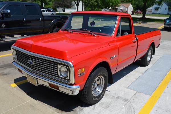 red 1971 chevy c-10 pickup truck, front