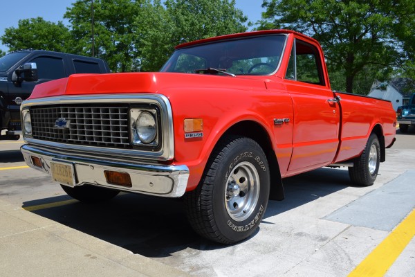 red 1971 chevy c-10 pickup truck, front driver side quarter