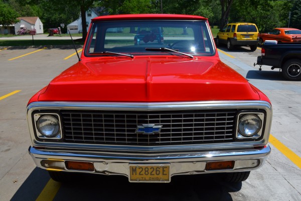 red 1971 chevy c-10 pickup truck, front grille