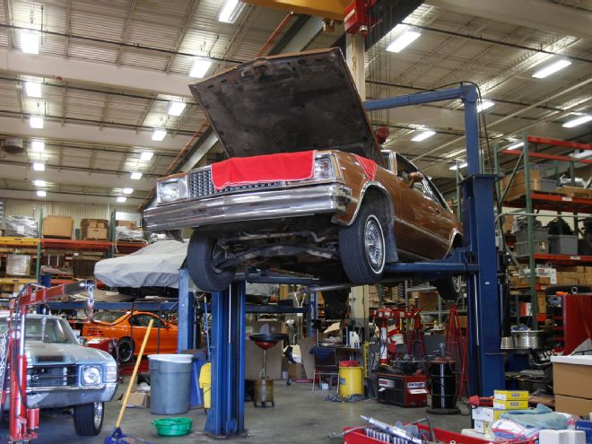1978 chevy malibu project car on lift in shop