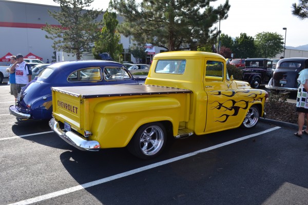 yellow flamed hot rod vintage Chevy truck