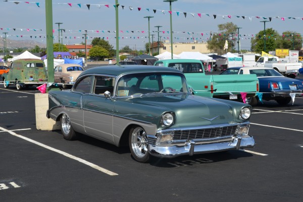 1956 chevy hot rod coupe at a cruise in car show