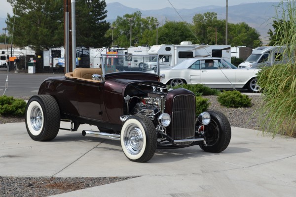ford fenderless roadster hot rod at car show