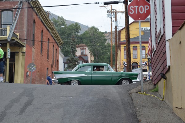 1957 chevy bel air post coupe on streets of virginia city during hot august nights