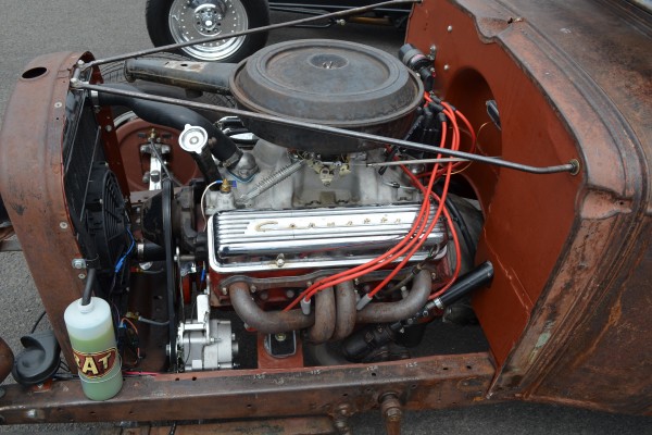small block chevy v8 engine in a rat rod