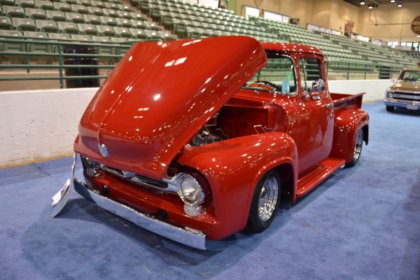 red ford truck with open hood at Hot August Nights 2015