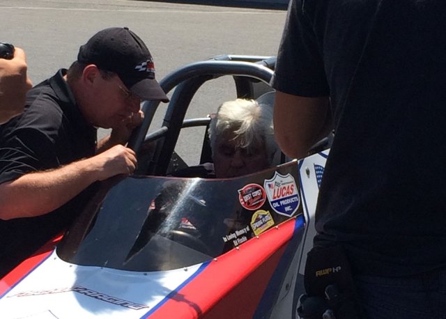 Jay Leno in dragster during lesson
