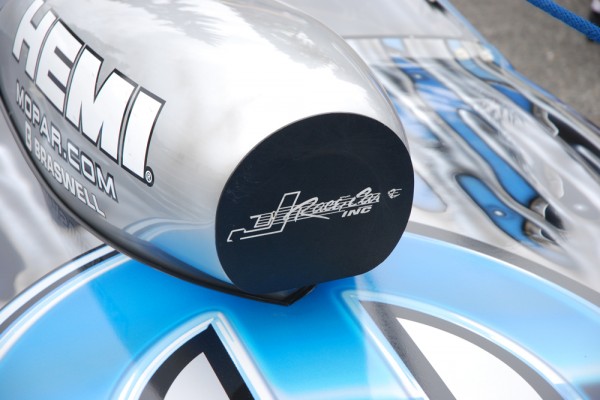 close up of a pro stock style hood scoop on a mopar dragster