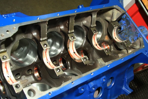 view of the bottom end of a ford 390 block with crankshaft removed