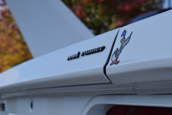 white 1970 Plymouth Superbird, rear trunk road runner emblem