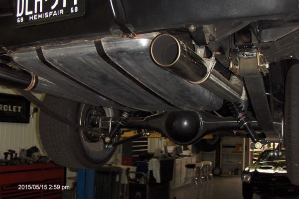 black 1968 dodge charger restomod rear axle and tailpipes