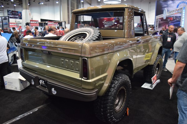 rear view of a customized first-gen ford bronco truck at SEMA Show 2015