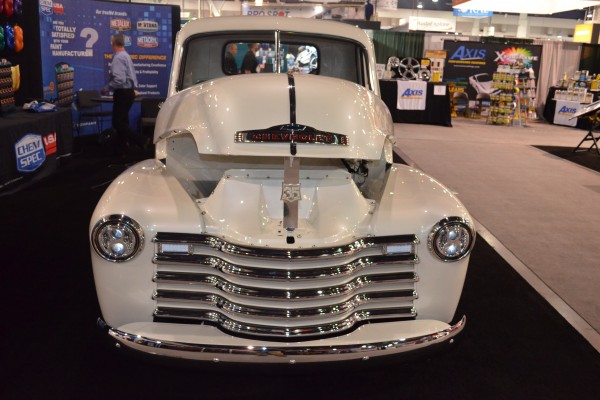 white chevy 3100 truck on display at SEMA 2015, grille