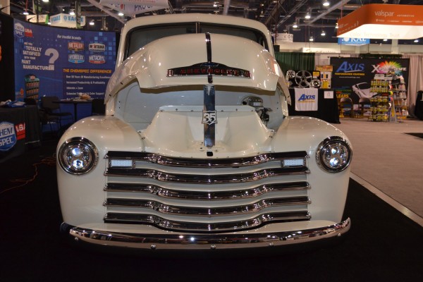 white chevy 3100 truck on display at SEMA 2015, front grille