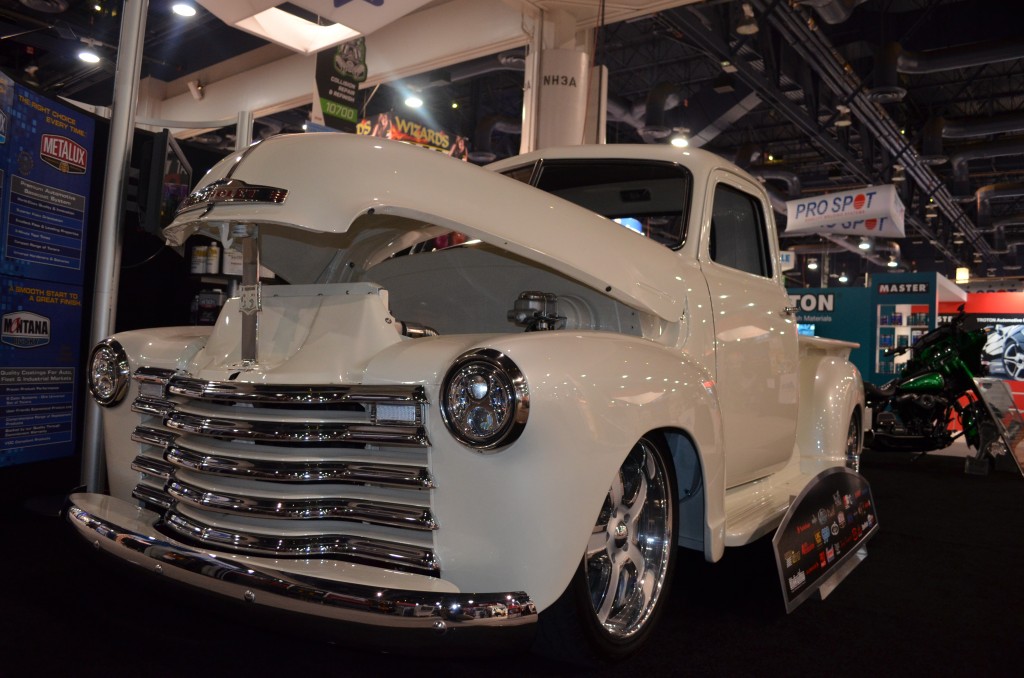 white chevy 3100 truck on display at SEMA 2015