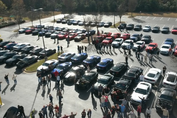 s550 mustang car club aerial view from summit racing roof