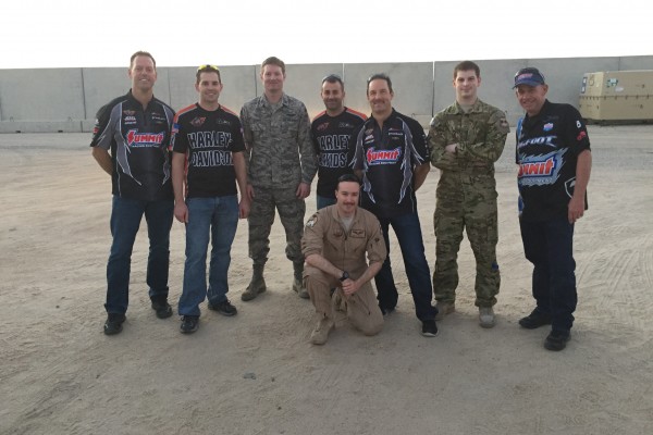 nhra drivers greeting troops at a remote military base