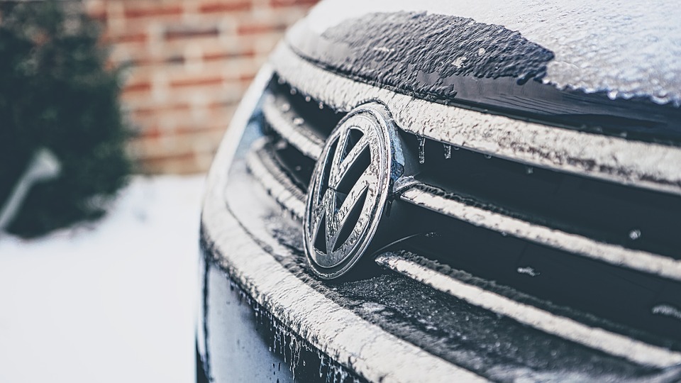 Volkswagen front grille covered in ice and snow
